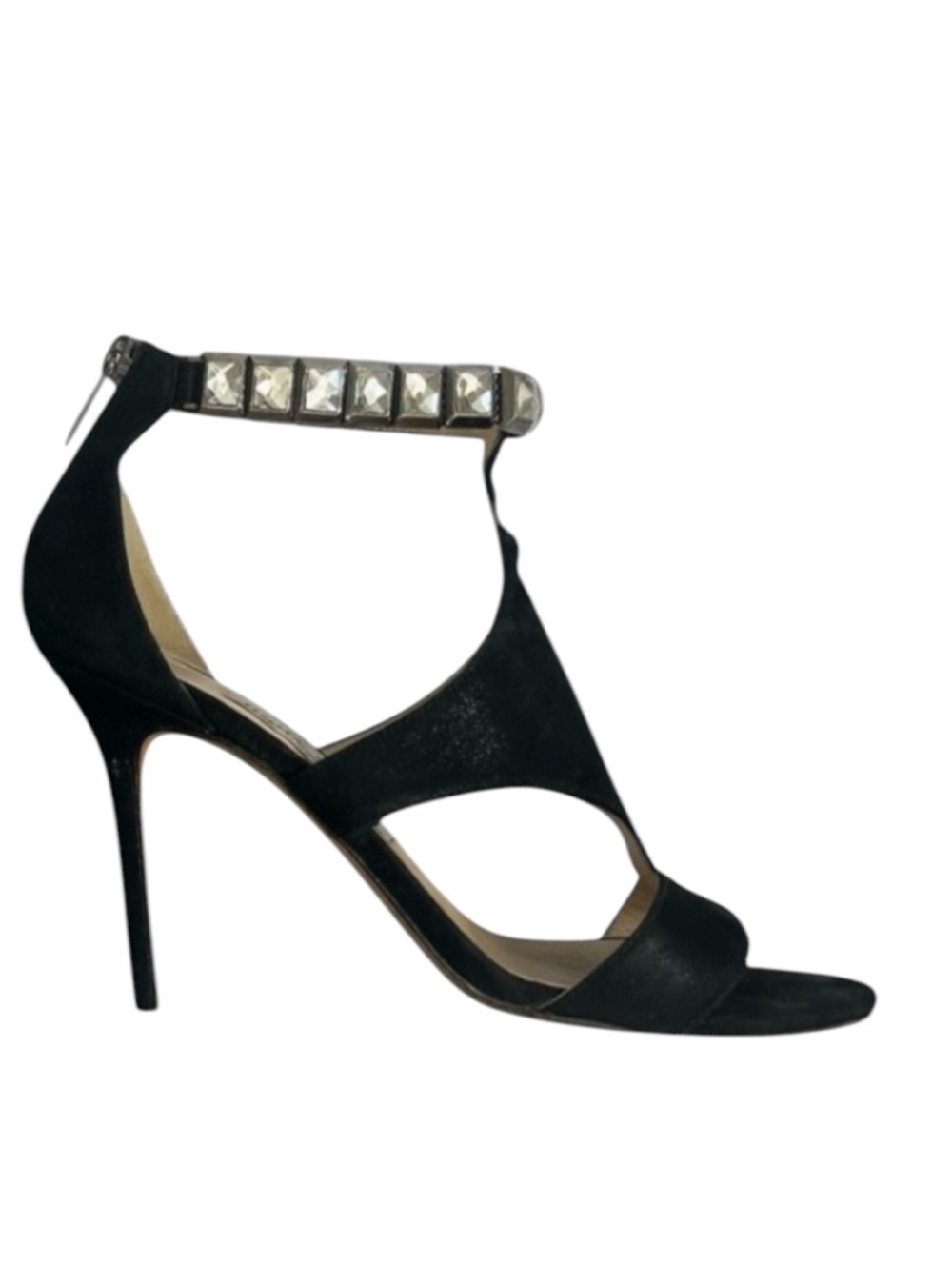 Jimmy Choo Halo Shimmer Suede Crystal Ankle T-Strap Heels Women’s 7/37 Black